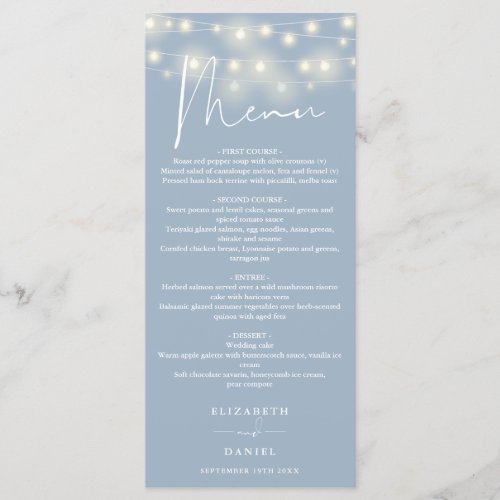 Elegant String Lights Dusty Blue Wedding Dinner