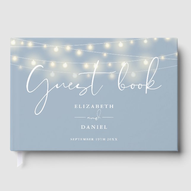 Elegant String Lights Dusty Blue Wedding Guest Book (Front)