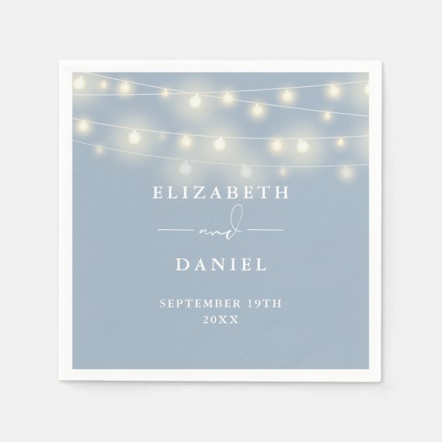 Elegant String Lights Dusty Blue Wedding Napkins (Front)