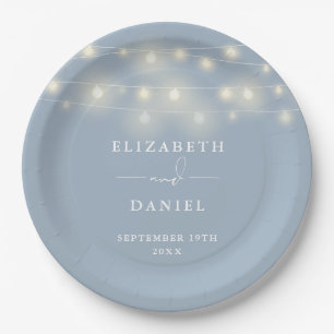 Elegant String Lights Dusty Blue Wedding Paper Plates