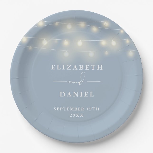 Elegant String Lights Dusty Blue Wedding Paper Plates (Front)
