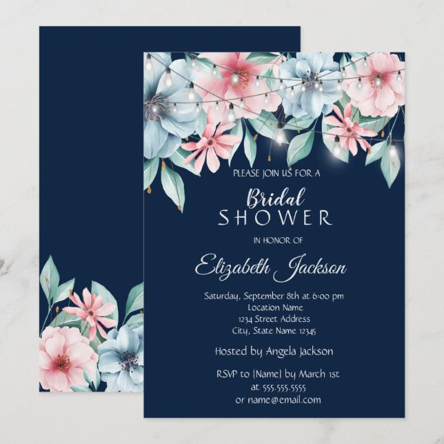 Elegant String Lights Floral Bridal Shower Invitation (Front/Back)