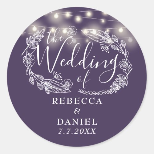 Elegant String Lights Floral Purple Wedding Classic Round Sticker
