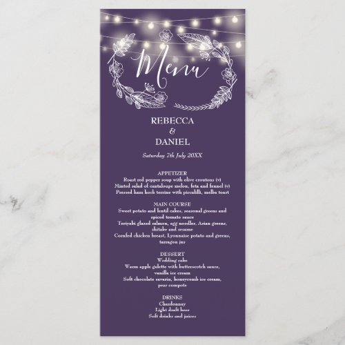 Elegant String Lights Floral Purple Wedding Menu