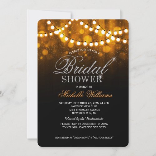 Elegant string lights gold bokeh bridal shower invitation