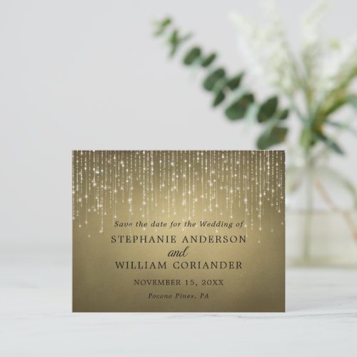 Elegant String Lights Gold Save the Date STD Announcement Postcard