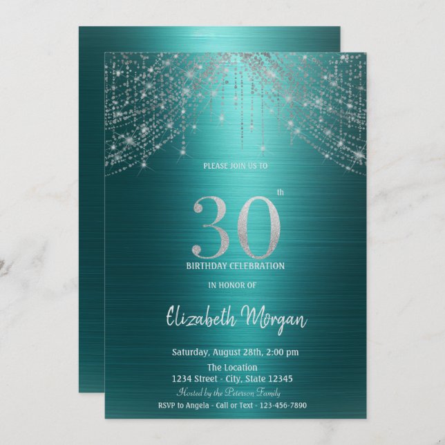 Elegant String Lights Green Metallic 30th Birthday Invitation (Front/Back)