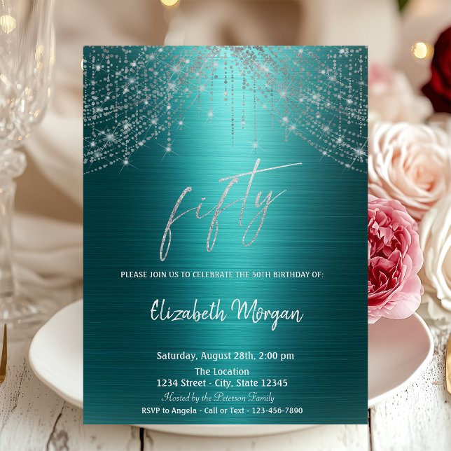 Elegant String Lights Green Metallic 50th  Invitation (Creator Uploaded)