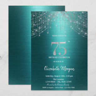 Elegant String Lights Green Metallic 75th Birthday Invitation