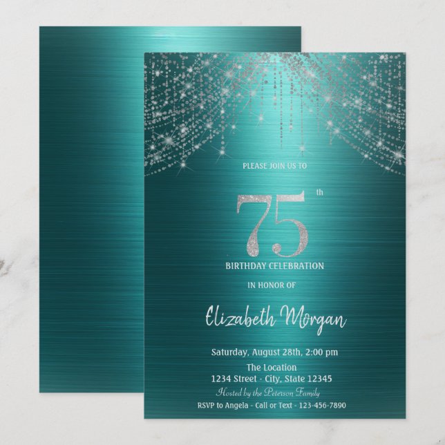 Elegant String Lights Green Metallic 75th Birthday Invitation (Front/Back)