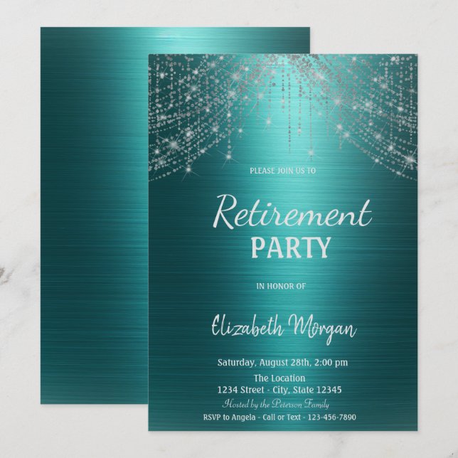 Elegant String Lights Green Metallic Retirement  Invitation (Front/Back)