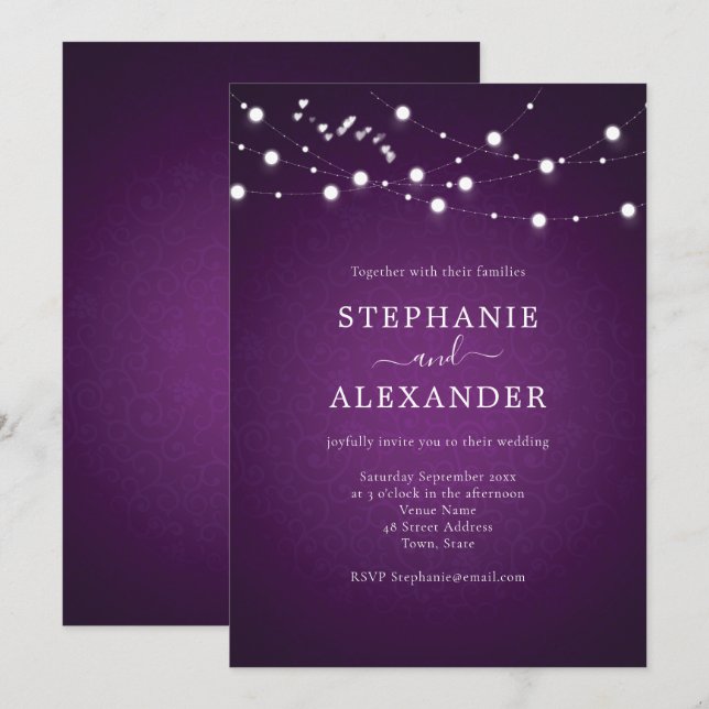 Elegant String Lights Hearts Purple Wedding  Invitation (Front/Back)