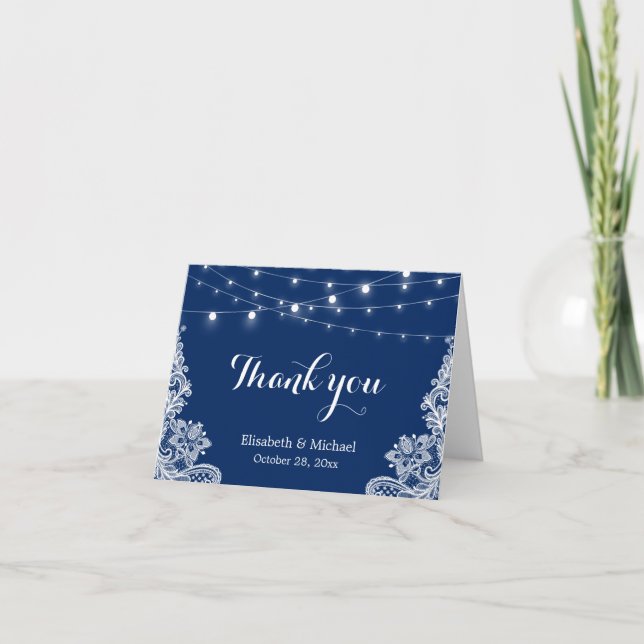 Elegant String Lights Lace Navy Blue Thank You Card (Front)
