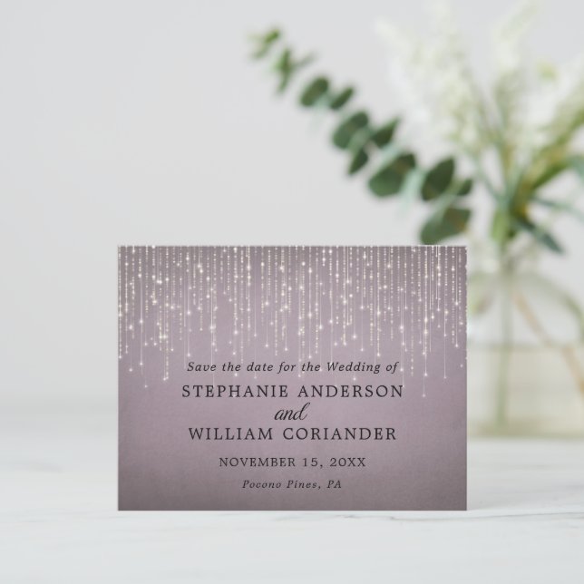Elegant String Lights Mauve Save the Date STD Announcement Postcard (Standing Front)