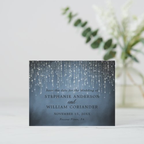 Elegant String Lights Navy Blue Save the Date STD Announcement Postcard