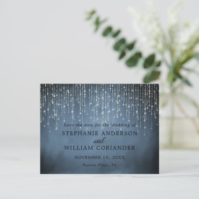 Elegant String Lights Navy Blue Save the Date STD Announcement Postcard (Standing Front)