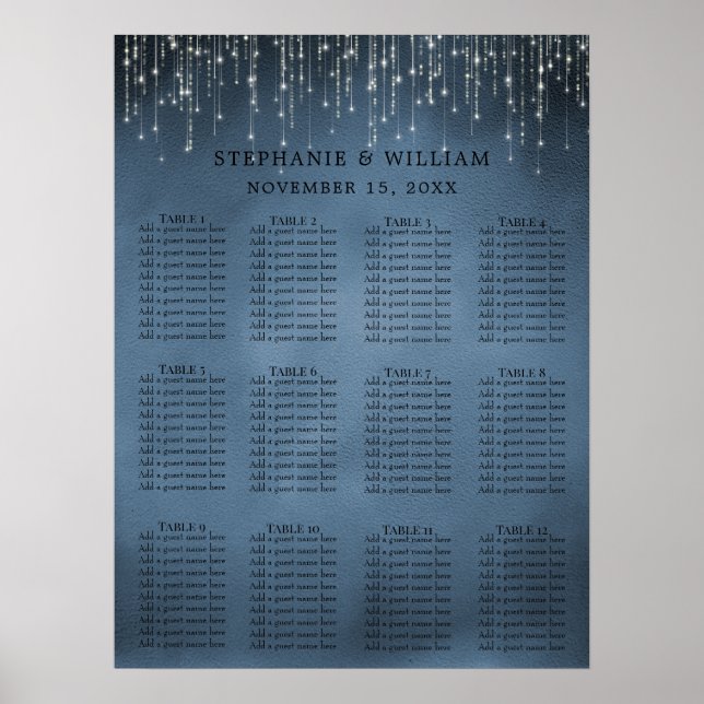 Elegant String Lights Navy Blue Seating Chart (Front)