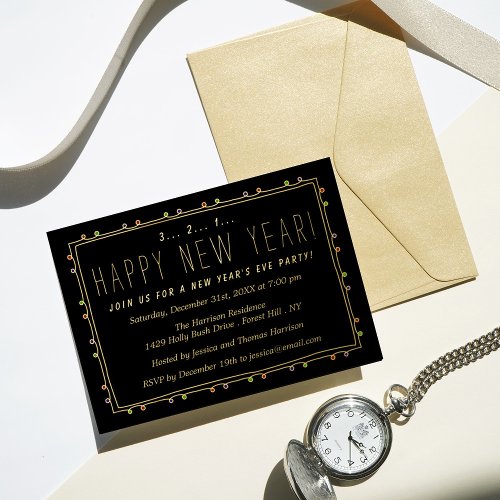 Elegant String Lights New Years Eve Party Real Foil Invitation