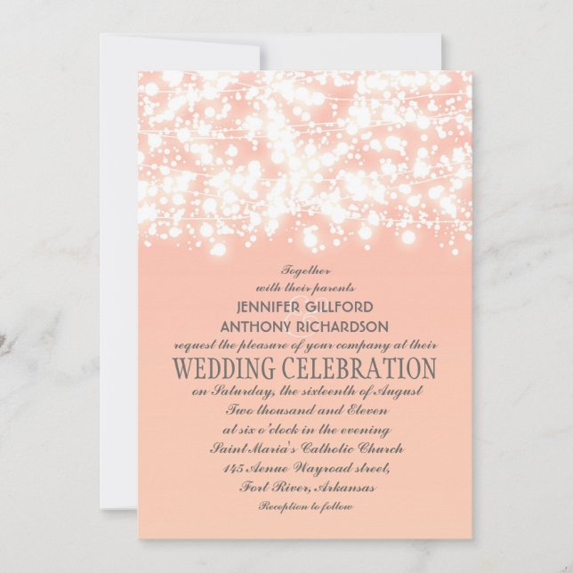 elegant string lights peach wedding invitations (Front)