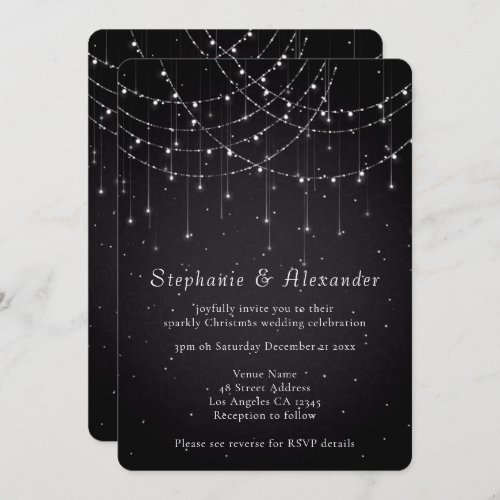 Elegant String Lights QR Code Damask Black Wedding Invitation