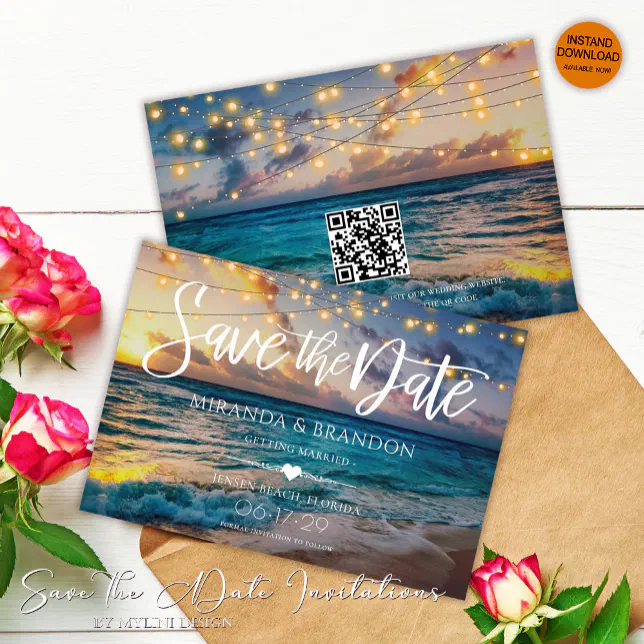 Elegant String Lights QR Code Sunset Beach Wedding Save The Date | Zazzle