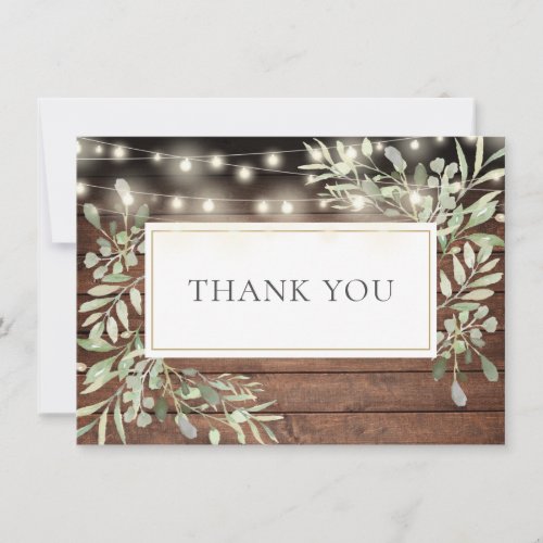 Elegant String Lights Rustic Wood Greenery Thank You Card