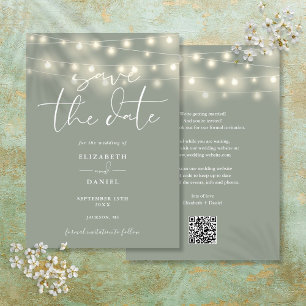Elegant String Lights Sage Green QR Code Wedding Save The Date