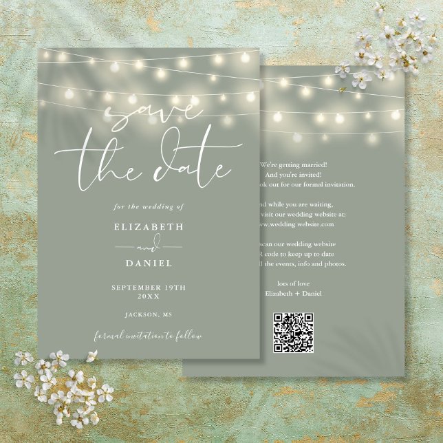Elegant String Lights Sage Green QR Code Wedding Save The Date (Elegant String Lights Sage Green QR Code Wedding Save The Date)