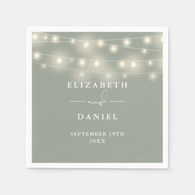 Elegant String Lights Sage Green Wedding Napkins (Front)