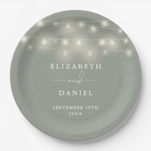 Elegant String Lights Sage Green Wedding Paper Plates