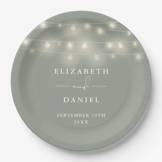 Elegant String Lights Sage Green Wedding Paper Plates (Front)