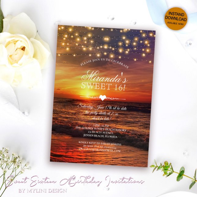 Elegant String Lights Summer Beach Sweet Sixteen Invitation (Creator Uploaded)
