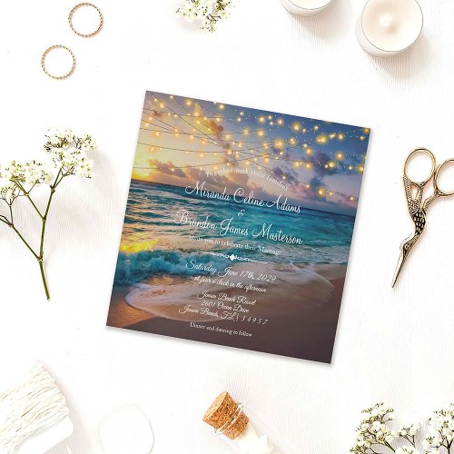 Elegant String Lights Summer Beach Wedding Invitation