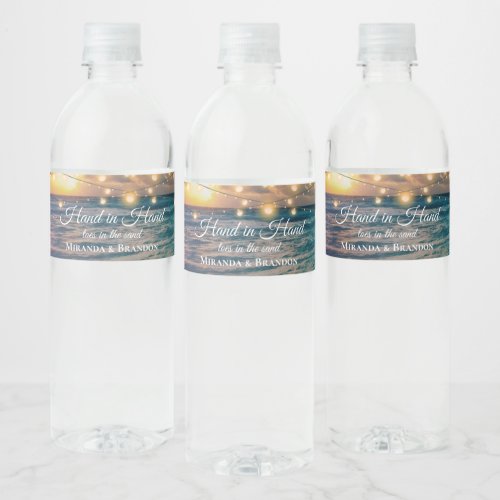 Elegant String Lights Summer Beach Wedding Water Water Bottle Label