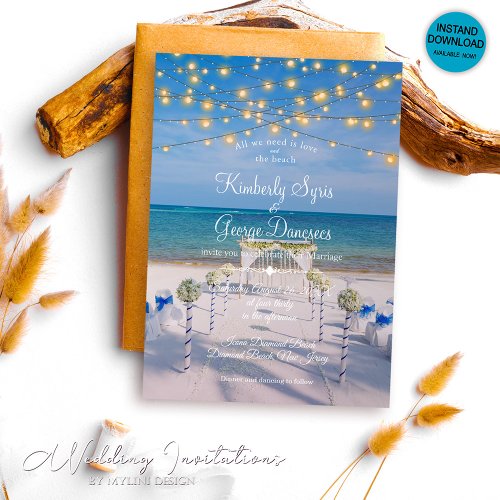 Elegant String Lights Summer Ocean Beach Wedding Invitation