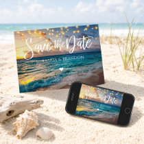 Elegant String Lights Summer Sunset Beach Wedding Save The Date