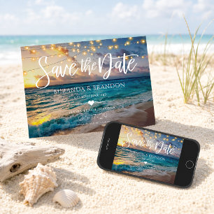 Elegant String Lights Summer Sunset Beach Wedding Save The Date
