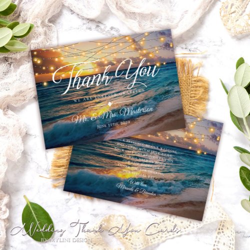 Elegant String Lights Summer Sunset Beach Wedding Thank You Card