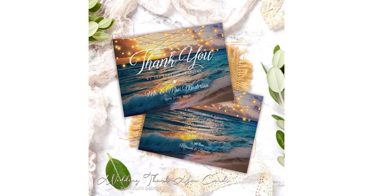Elegant String Lights Summer Sunset Beach Wedding Thank You Card | Zazzle