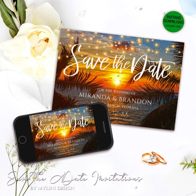 Elegant String Lights Summer Sunset Wedding Beach Save The Date (Creator Uploaded)