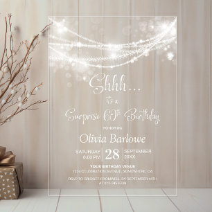 Elegant String Lights Surprise 60th Birthday Party Acrylic Invitations