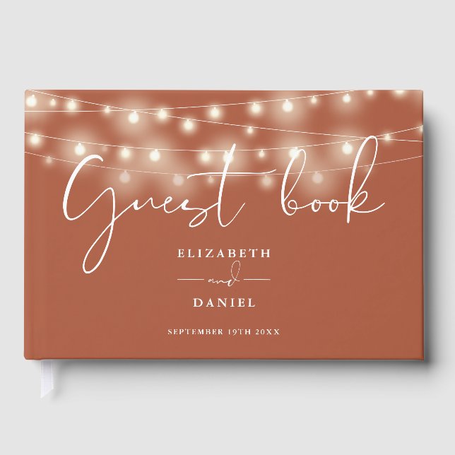 Elegant String Lights Terracotta Wedding Guest Book (Front)
