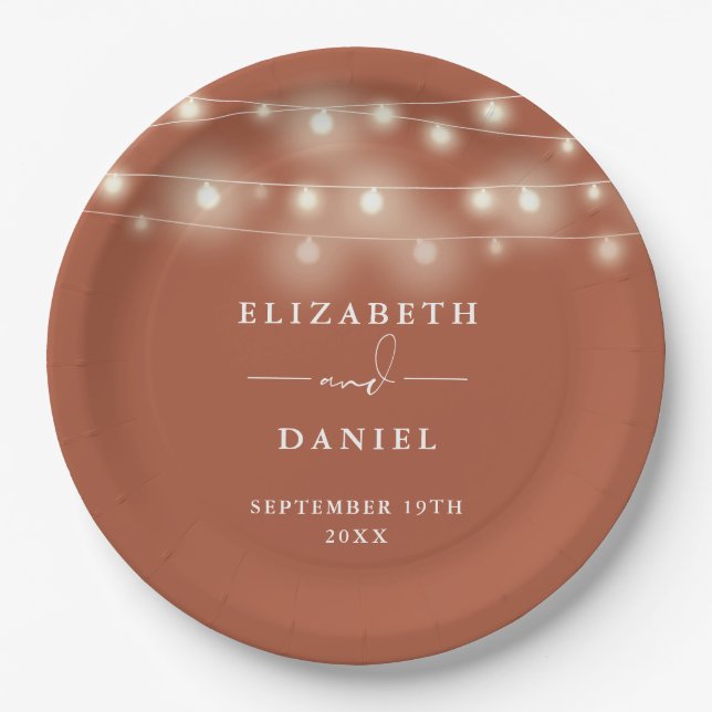 Elegant String Lights Terracotta Wedding Paper Plates (Front)