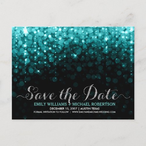 Elegant string lights turquois bokeh save the date announcement postcard