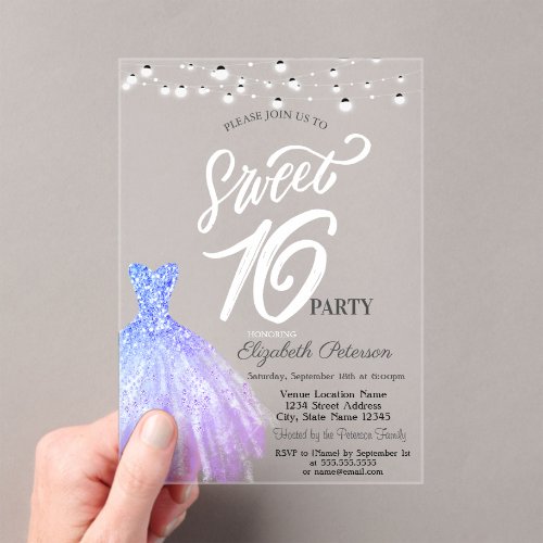 Elegant String Lights Violet Dress Sweet 16 Acrylic Invitations