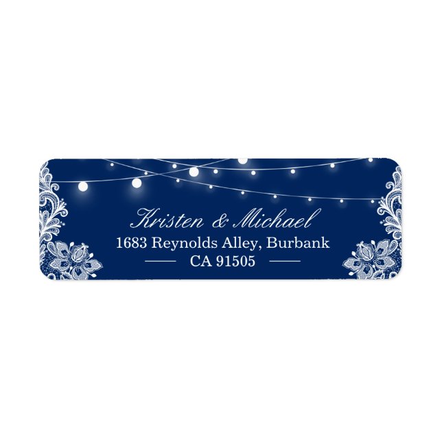Elegant String Lights White Lace Navy Blue Label (Front)