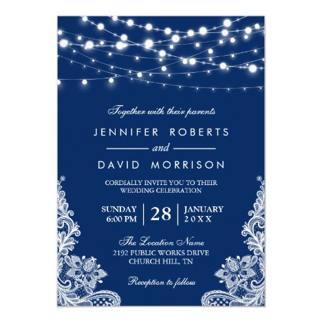 Elegant String Lights White Lace Navy Blue Wedding Card