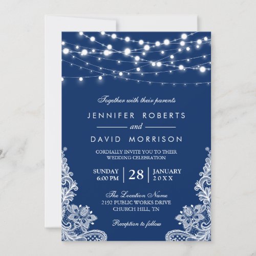Elegant String Lights White Lace Navy Blue Wedding Card