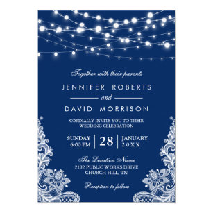 Blue And White Wedding Invitations Zazzle Elegant String Lights White Lace Navy Blue Wedding Invitation
