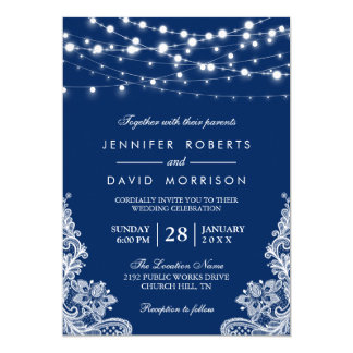 Elegant String Lights White Lace Navy Blue Wedding Invitation